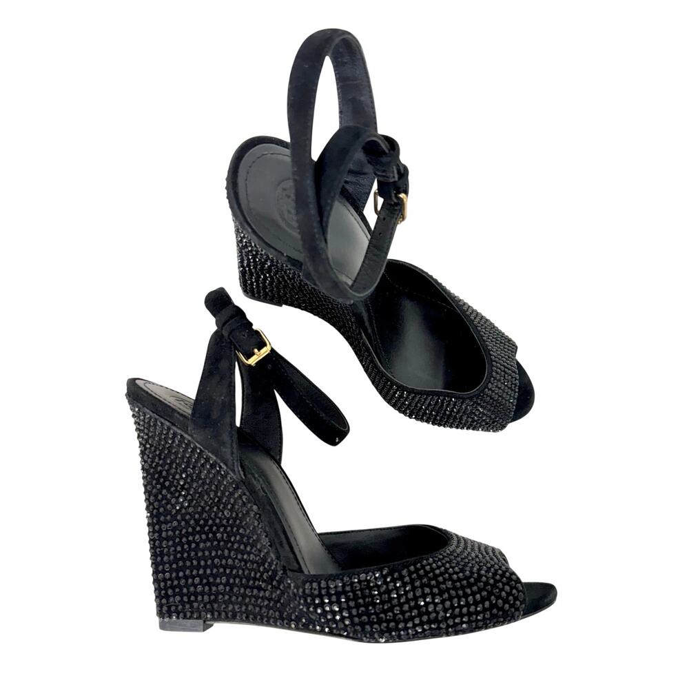 Tory Burch Suede Embellished Wedge Sandals Black Sparkly 9M